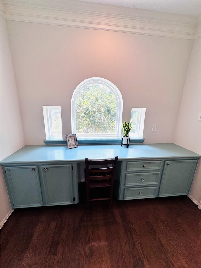 7210 Blenheim Palace Ln, Houston, TX 77095 - unfurnished office with built in study area, dark wood-type flooring, and ornamental molding