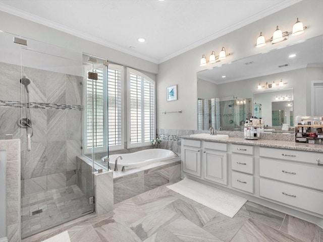 16819 Himley Dr, Cypress, TX 77433 - full bath featuring a bath, double vanity, a stall shower, crown molding, and marble finish floors