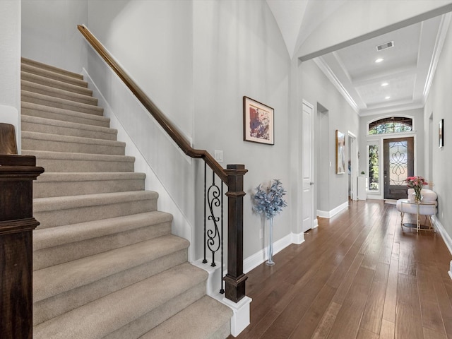 16819 Himley Dr, Cypress, TX 77433 - entrance foyer with stairs, dark wood-style floors, crown molding, baseboards, and recessed lighting