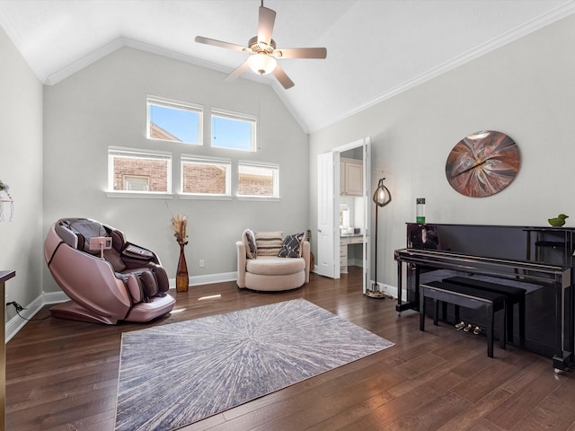 16819 Himley Dr, Cypress, TX 77433 - sitting room featuring vaulted ceiling, a ceiling fan, wood finished floors, ornamental molding, and baseboards