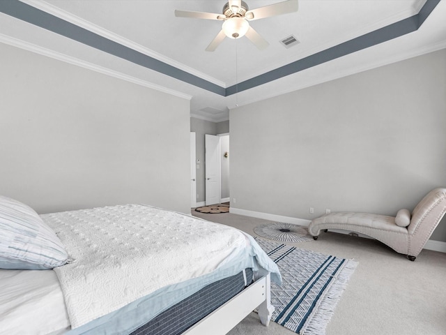 16819 Himley Dr, Cypress, TX 77433 - carpeted bedroom featuring a tray ceiling, ornamental molding, baseboards, and a ceiling fan