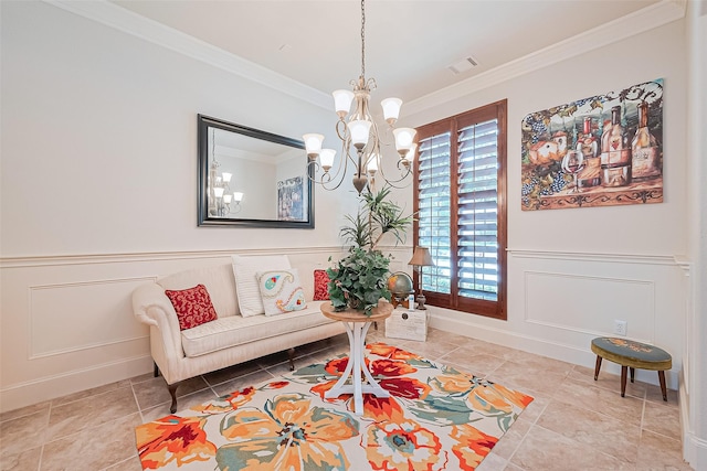 11907 Wind Cove Place Ct, Humble, TX 77346 - sitting room featuring a decorative wall, crown molding, a chandelier, tile patterned floors, and a wainscoted wall
