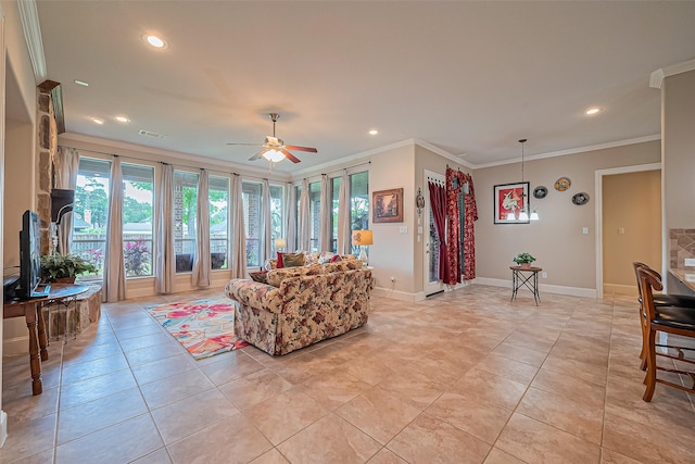 11907 Wind Cove Place Ct, Humble, TX 77346 - living area featuring ceiling fan, ornamental molding, recessed lighting, light tile patterned floors, and baseboards