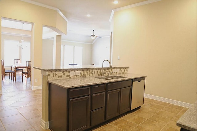 4914 Ava Meadows Ln, Sugar Land, TX 77479 - kitchen featuring stainless steel dishwasher, a sink, a ceiling fan, ornamental molding, and dark brown cabinetry