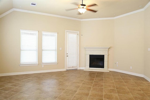 4914 Ava Meadows Ln, Sugar Land, TX 77479 - unfurnished living room with ceiling fan, light tile patterned flooring, a glass covered fireplace, ornamental molding, and baseboards