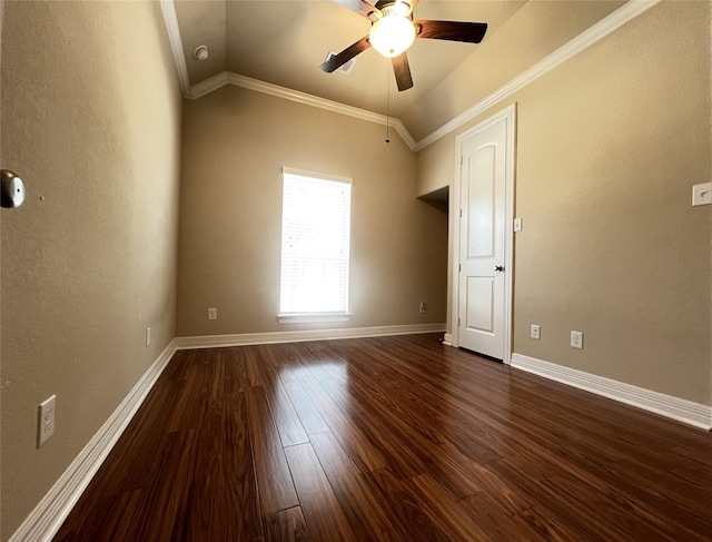 4914 Ava Meadows Ln, Sugar Land, TX 77479 - unfurnished room featuring ceiling fan, dark wood-style flooring, vaulted ceiling, crown molding, and baseboards