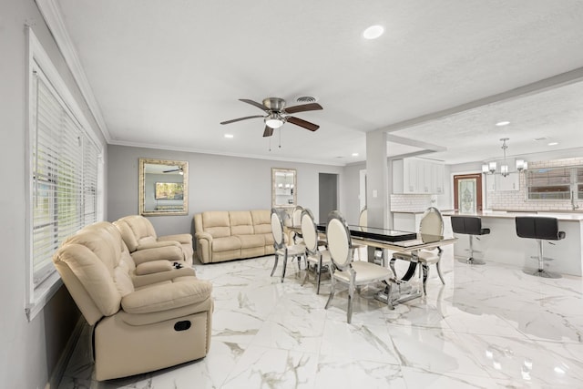 2701 Oaks Dr, Pasadena, TX 77502 - living area with a chandelier, recessed lighting, a ceiling fan, light marble finish flooring, and crown molding