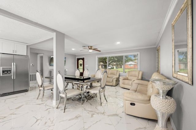 2701 Oaks Dr, Pasadena, TX 77502 - dining room featuring ornamental molding, ceiling fan, recessed lighting, and light marble finish floors