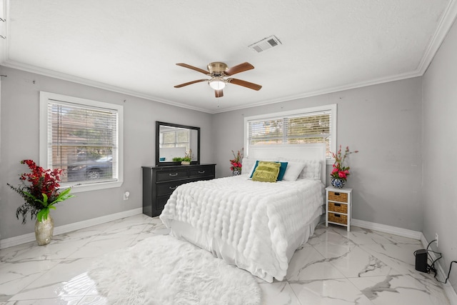 2701 Oaks Dr, Pasadena, TX 77502 - bedroom with marble look tiles, crown molding, baseboards, and a ceiling fan