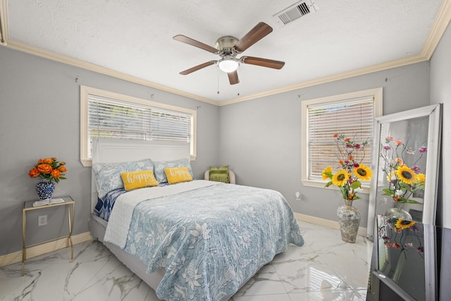 2701 Oaks Dr, Pasadena, TX 77502 - bedroom featuring marble finish floors, multiple windows, baseboards, ornamental molding, and a textured ceiling
