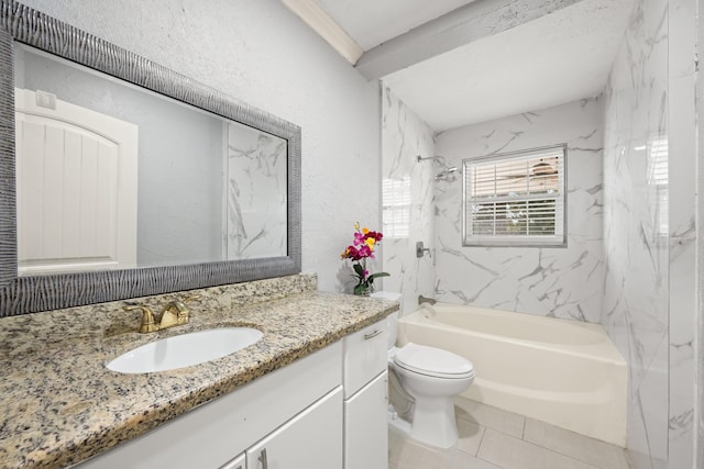 2701 Oaks Dr, Pasadena, TX 77502 - full bath featuring vanity, toilet, washtub / shower combination, tile patterned flooring, and beamed ceiling