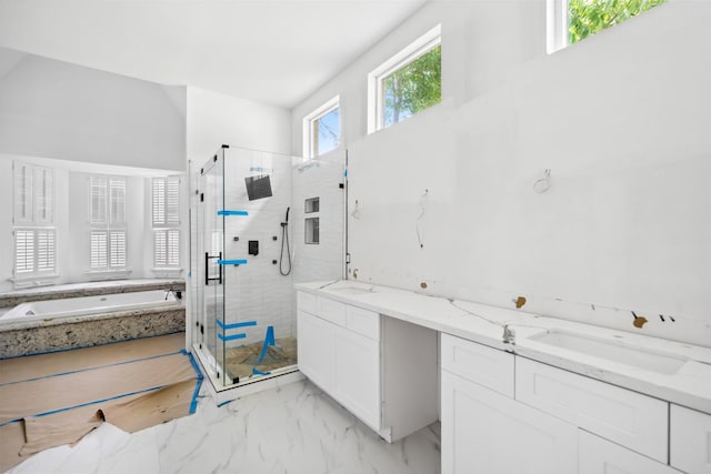 21310 Rosehill Church Rd, Tomball, TX 77377 - bathroom featuring marble look tiles, a shower stall, vanity, and a garden tub