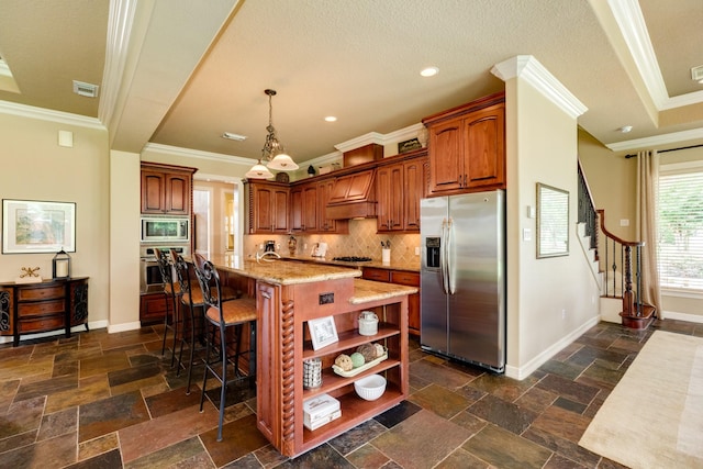 51 Northwood Ct, Lake Jackson, TX 77566 - kitchen featuring stainless steel appliances, crown molding, stone tile flooring, open shelves, and baseboards