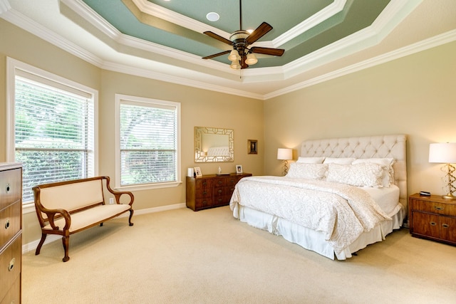 51 Northwood Ct, Lake Jackson, TX 77566 - bedroom with a raised ceiling, carpet floors, crown molding, ceiling fan, and baseboards
