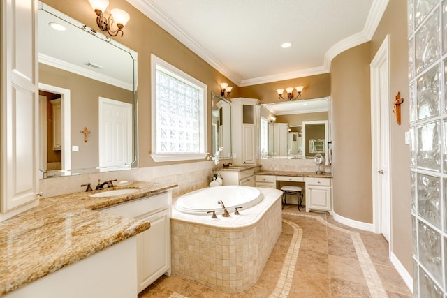 51 Northwood Ct, Lake Jackson, TX 77566 - full bathroom with a bath, two vanities, ornamental molding, a chandelier, and tile patterned floors