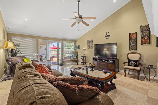 3026 Beluche Dr, Galveston, TX 77551 - living room with baseboards, a ceiling fan, high vaulted ceiling, and crown molding