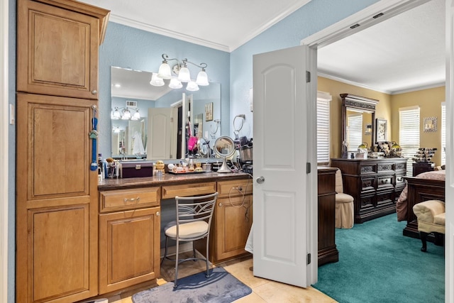 3026 Beluche Dr, Galveston, TX 77551 - full bath featuring vanity, crown molding, tile patterned floors, and a chandelier