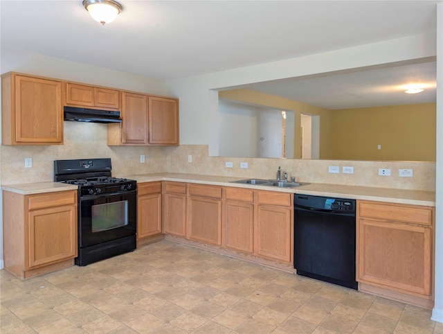 7027 Parkford Meadow Dr, Cypress, TX 77433 - kitchen featuring black appliances, a sink, tasteful backsplash, light countertops, and under cabinet range hood