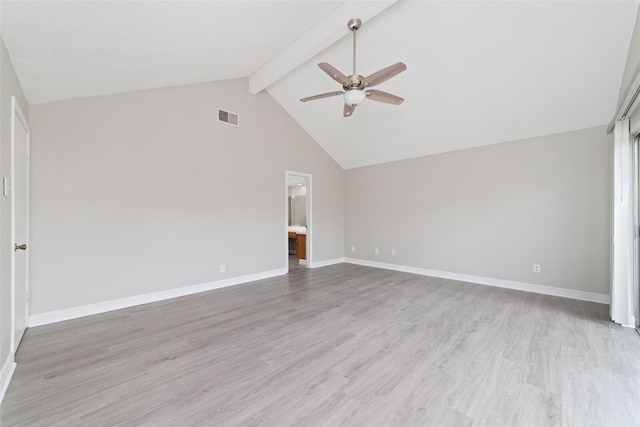 14651 Via Del Norte Dr, Houston, TX 77083 - empty room with ceiling fan, beam ceiling, light wood finished floors, baseboards, and high vaulted ceiling