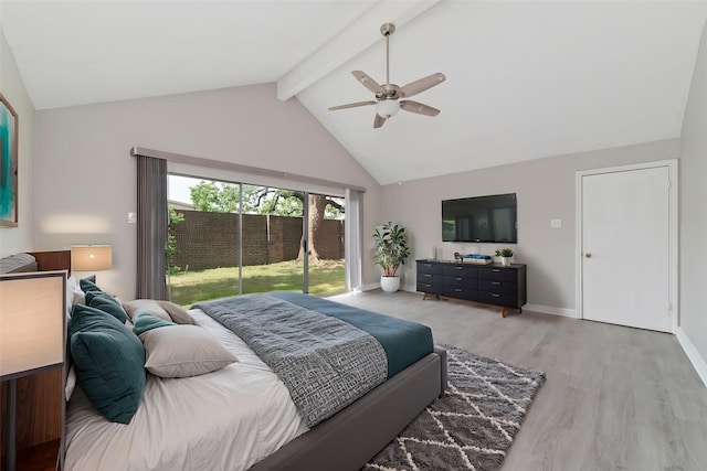 14651 Via Del Norte Dr, Houston, TX 77083 - bedroom with light wood finished floors, beam ceiling, high vaulted ceiling, a ceiling fan, and baseboards