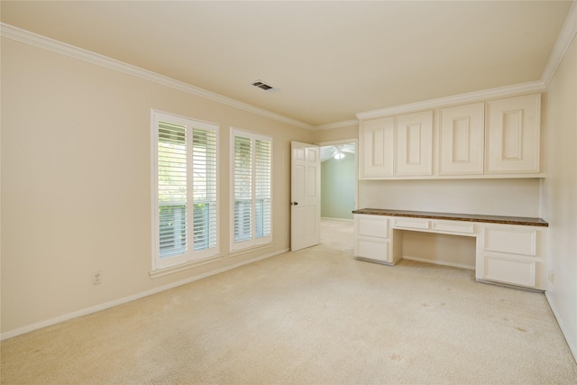 10902 Brentway Dr, Houston, TX 77070 - unfurnished office with built in study area, crown molding, and light carpet