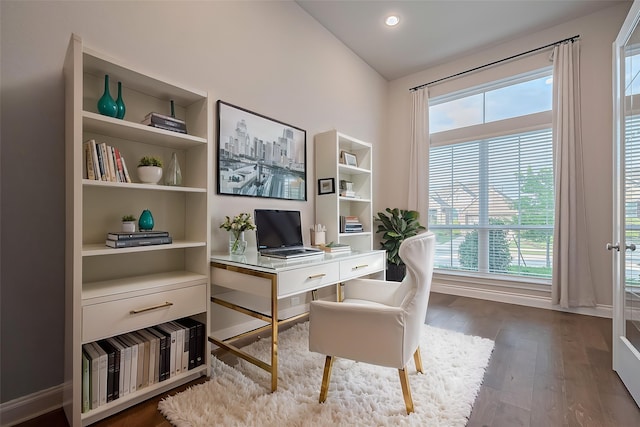 17414 Orchid Falls Ln, Conroe, TX 77302 - office area with dark wood-style flooring, vaulted ceiling, recessed lighting, and baseboards