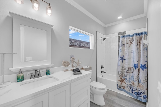 2336 Martinique, Crystal Beach, TX 77650 - full bathroom featuring toilet, vanity, shower / tub combo with curtain, ornamental molding, and wood finished floors