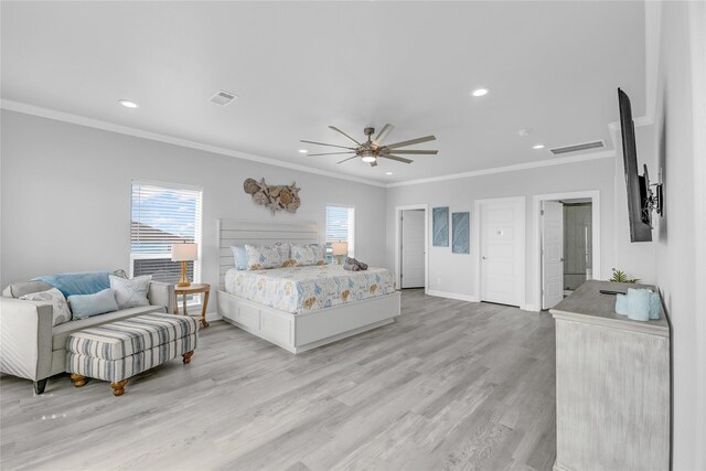 2336 Martinique, Crystal Beach, TX 77650 - bedroom featuring ornamental molding, recessed lighting, light wood-style floors, baseboards, and a ceiling fan
