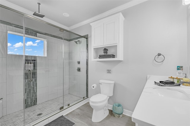 2336 Martinique, Crystal Beach, TX 77650 - full bath featuring toilet, a shower stall, crown molding, wood finished floors, and vanity