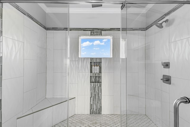 2336 Martinique, Crystal Beach, TX 77650 - bathroom featuring ornamental molding and a stall shower