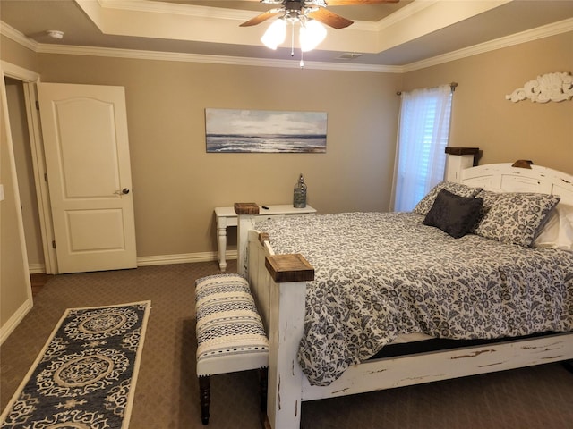 3905 Sierra Pl, Amarillo, TX 79118 - bedroom featuring dark carpet, a raised ceiling, ornamental molding, baseboards, and ceiling fan