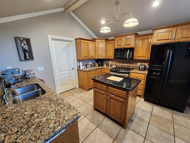 3905 Sierra Pl, Amarillo, TX 79118 - kitchen featuring black appliances, a sink, brown cabinetry, tasteful backsplash, and dark stone counters