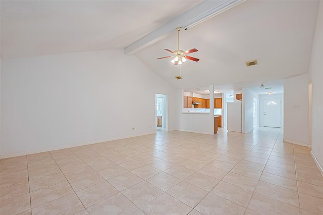 10111 Woodico Ct, Houston, TX 77038 - unfurnished living room featuring light tile patterned flooring, ceiling fan, beam ceiling, baseboards, and high vaulted ceiling