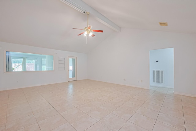 10111 Woodico Ct, Houston, TX 77038 - spare room featuring a ceiling fan, light tile patterned floors, beam ceiling, and high vaulted ceiling