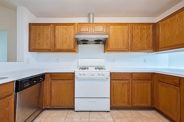 10111 Woodico Ct, Houston, TX 77038 - kitchen with gas range gas stove, under cabinet range hood, dishwasher, and brown cabinetry