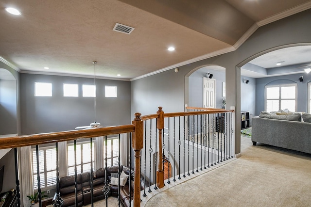 8423 Glenn Leigh Dr NE, Spring, TX 77379 - hallway with carpet flooring, arched walkways, ornamental molding, recessed lighting, and healthy amount of natural light
