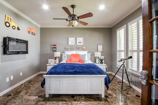 8423 Glenn Leigh Dr NE, Spring, TX 77379 - bedroom featuring baseboards, crown molding, ceiling fan, and recessed lighting