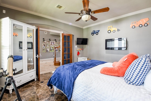 8423 Glenn Leigh Dr NE, Spring, TX 77379 - bedroom featuring french doors, crown molding, and ceiling fan