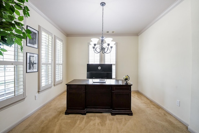 8423 Glenn Leigh Dr NE, Spring, TX 77379 - home office with light colored carpet, a chandelier, ornamental molding, and baseboards