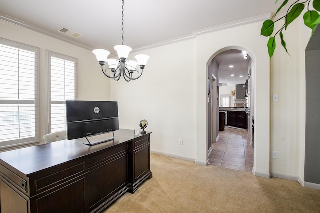 8423 Glenn Leigh Dr NE, Spring, TX 77379 - office area with ornamental molding, a chandelier, arched walkways, light colored carpet, and baseboards