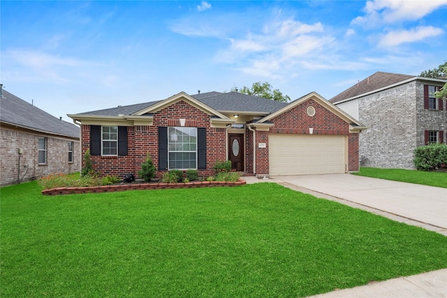 4130 Tree Moss Pl, Humble, TX 77346 - view of front facade with an attached garage, brick siding, concrete driveway, a front yard, and a shingled roof
