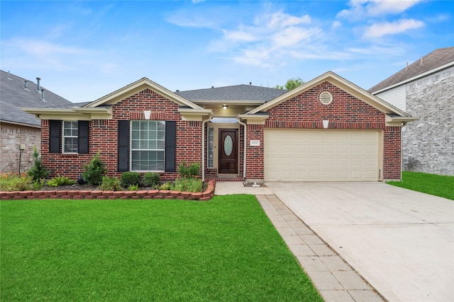 4130 Tree Moss Pl, Humble, TX 77346 - view of front of home featuring brick siding, an attached garage, concrete driveway, and a front lawn