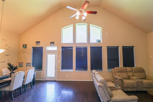 9911 Clear Diamond Dr, Rosharon, TX 77583 - living area with a ceiling fan, high vaulted ceiling, dark wood finished floors, and baseboards