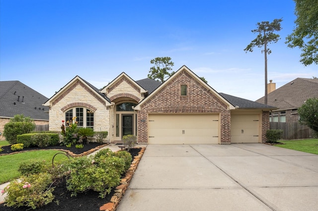 2019 Cias Trail Ln, Spring, TX 77386 - french country style house featuring a garage, brick siding, stone siding, and concrete driveway