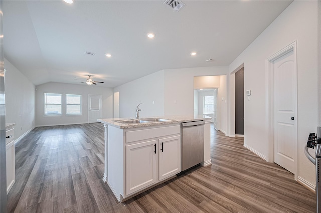 20231 Creekdale Bend Dr, Cypress, TX 77433 - kitchen featuring dishwasher, a sink, open floor plan, a ceiling fan, and wood finished floors