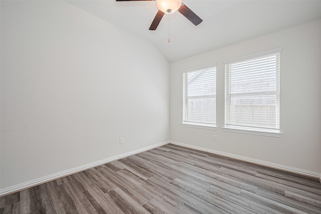 20231 Creekdale Bend Dr, Cypress, TX 77433 - unfurnished room featuring wood finished floors, ceiling fan, vaulted ceiling, and baseboards