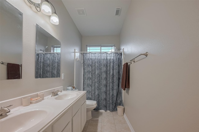 13409 Timberoak Ct, Rosharon, TX 77583 - full bathroom featuring toilet, curtained shower, tile patterned flooring, and double vanity