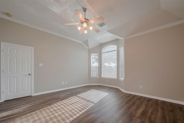 13409 Timberoak Ct, Rosharon, TX 77583 - unfurnished room featuring dark wood-style flooring, a ceiling fan, baseboards, lofted ceiling, and crown molding