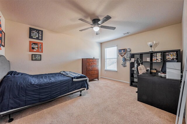 2927 Coachmaker Trl, Rosenberg, TX 77471 - carpeted bedroom with baseboards, ceiling fan, and an office area