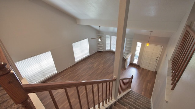 1203 Brook Grove Dr, Katy, TX 77450 - stairs featuring wood finished floors, lofted ceiling, and a ceiling fan
